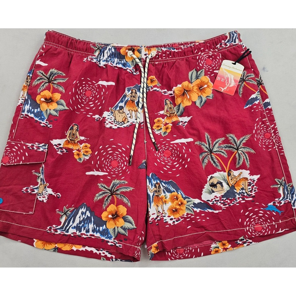 Tommy Bahama Relax Mens Swim Trunks 2XL Red Hawaii Palm Print 03-6228-5021